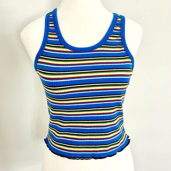 Hot Kiss Tops - Vtg Y2K Hot Kiss Striped Tank Top Shirt Ribbed Size S/M Lettuce Hem